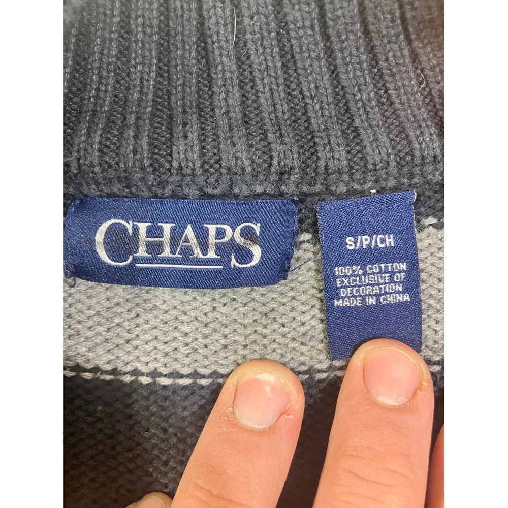 Chaps Mens Small Quarter‎ Zip Pullover Sweater Navy Blue Gray Striped Cotton